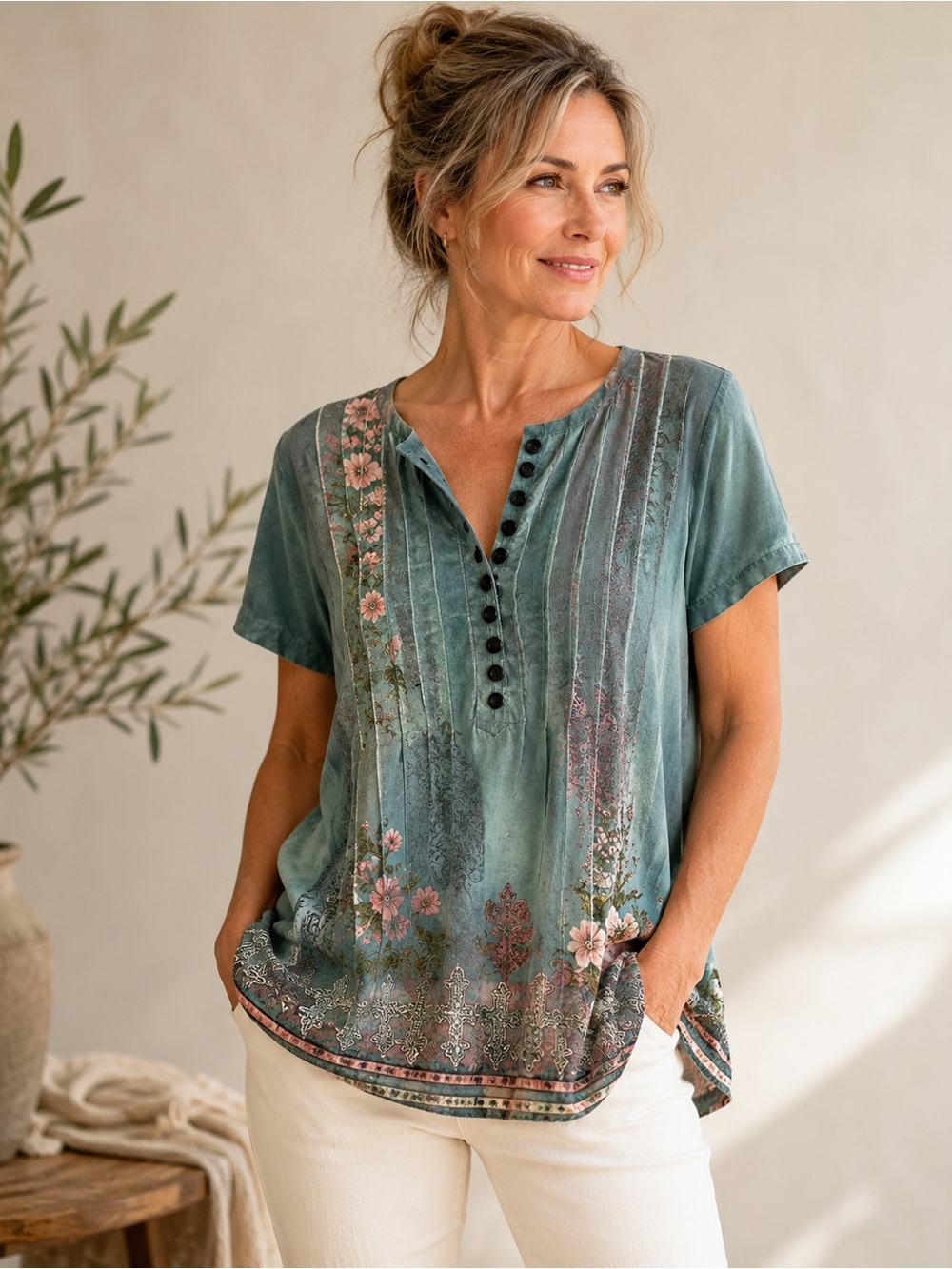 Floral Pintuck Tunic Top | Teal Blue Pink | Short Sleeve, S